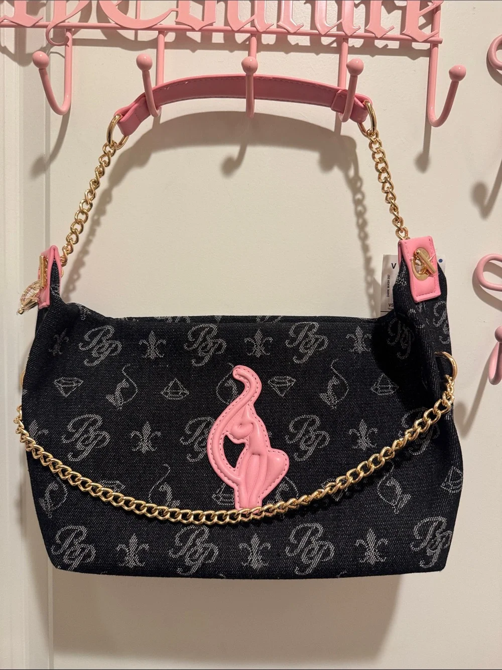 Baby Phat Black Monogram Shoulder Bag with Pink Accents